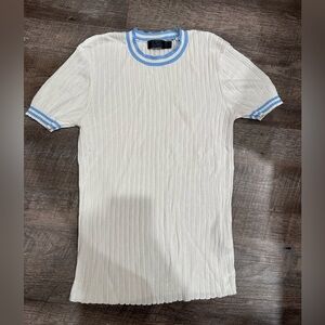 G/FORE White Ribbed Tee with Light Blue Trim Sz M